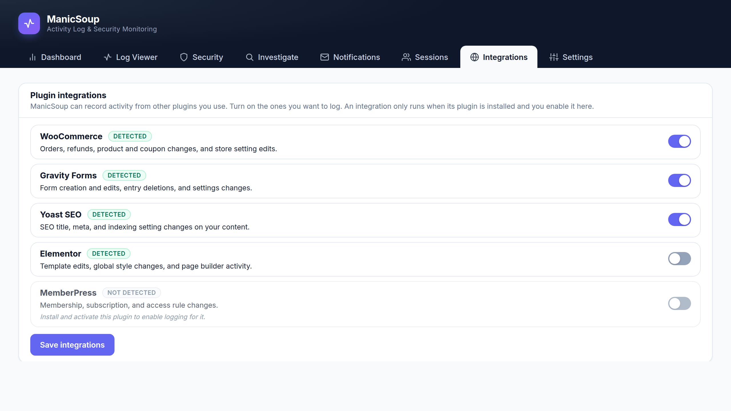 ManicSoup Logger integrations for WooCommerce, Gravity Forms, Yoast SEO, and more