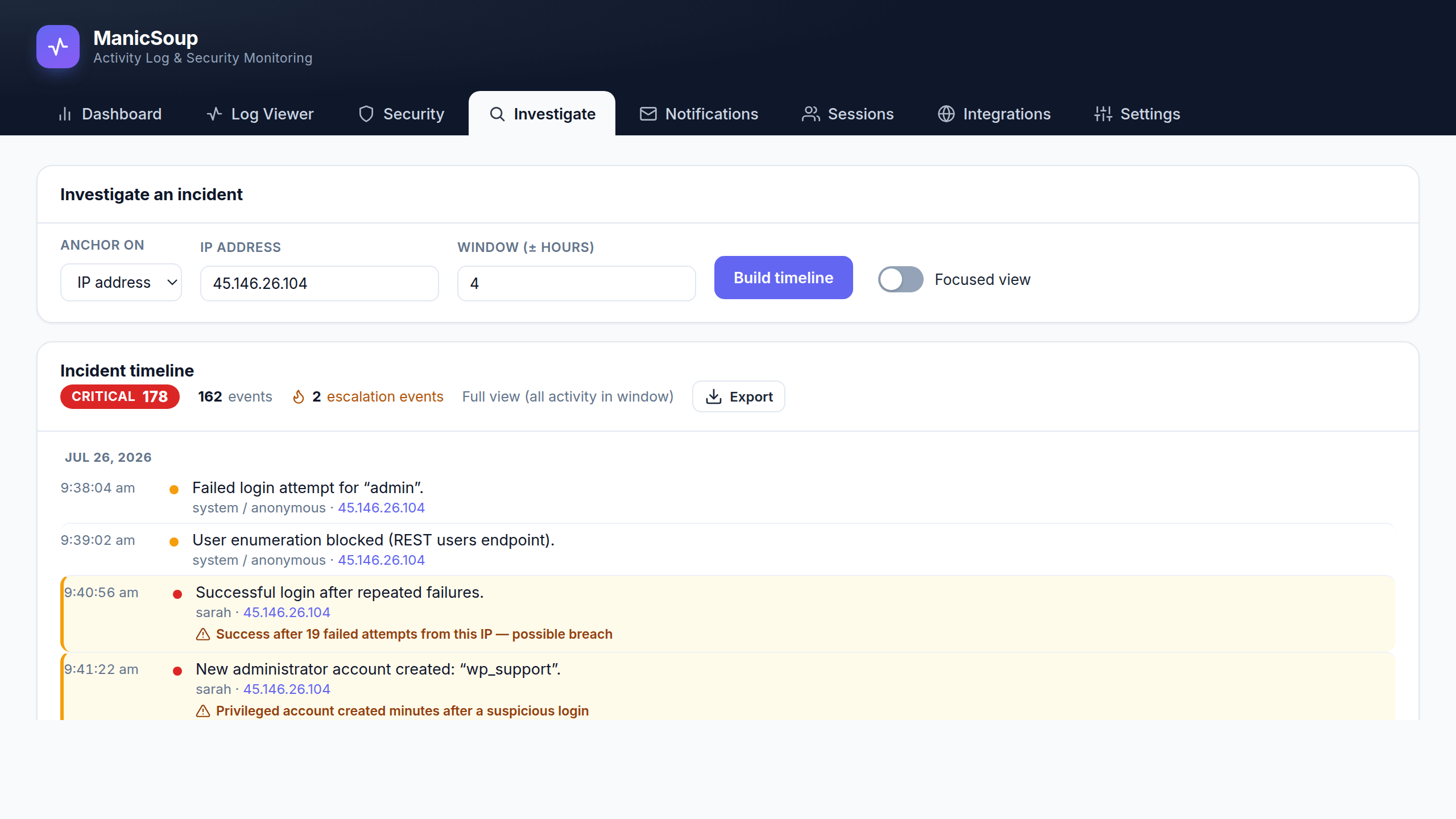 ManicSoup Logger incident timeline reconstructing an attack around one IP address