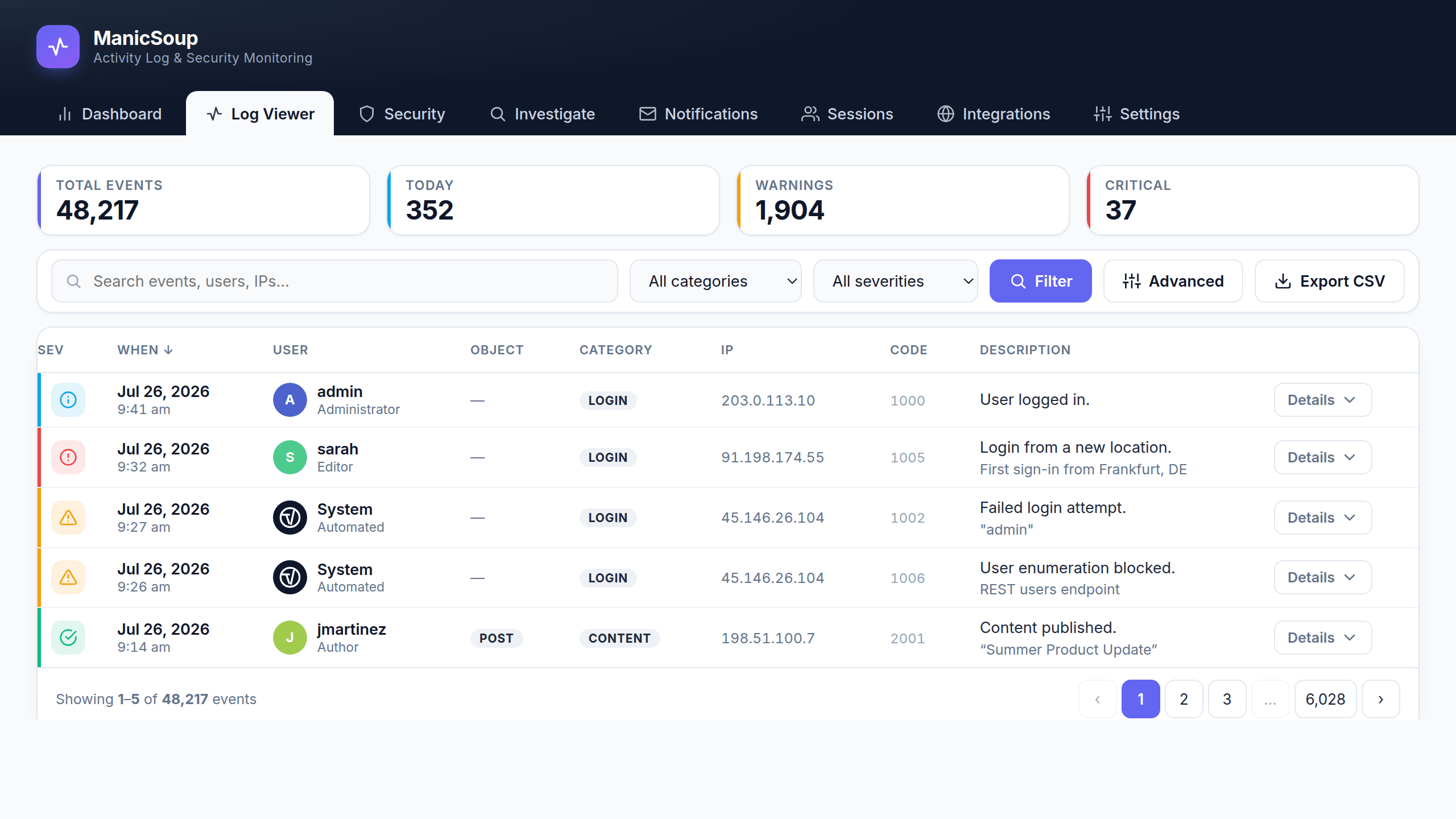 ManicSoup Logger log viewer with searchable, filterable activity events