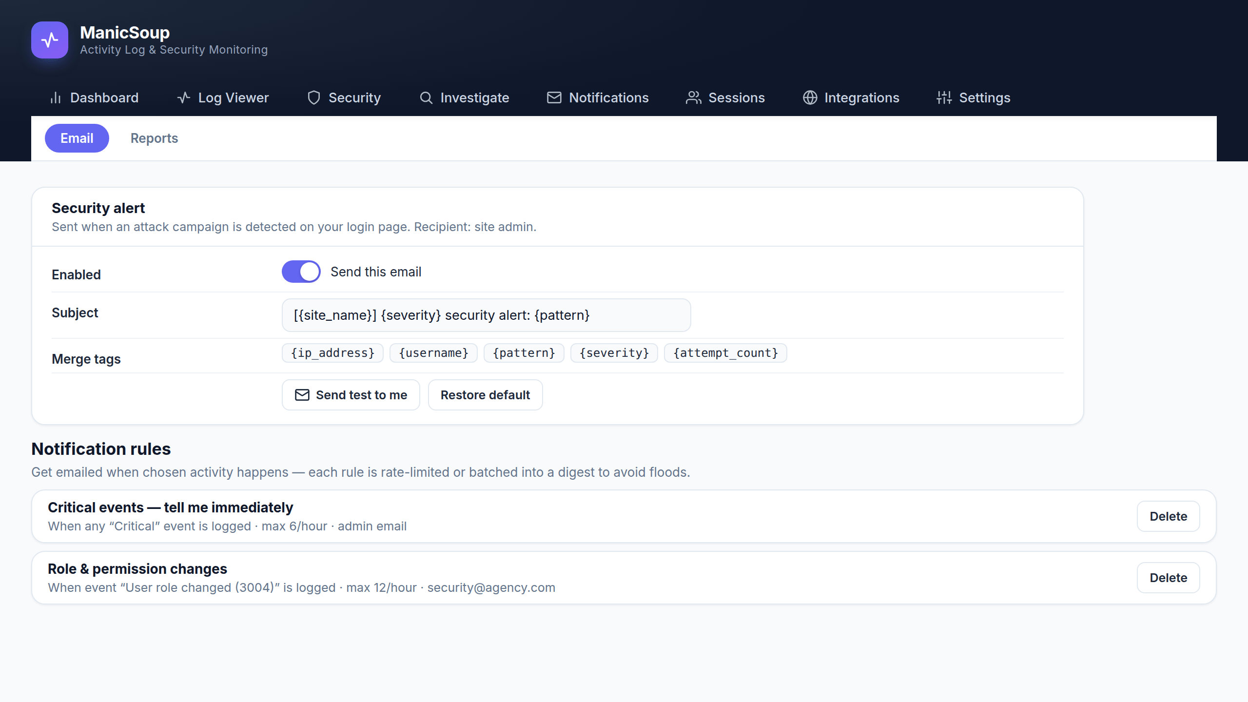 ManicSoup Logger email alerts and custom notification rules