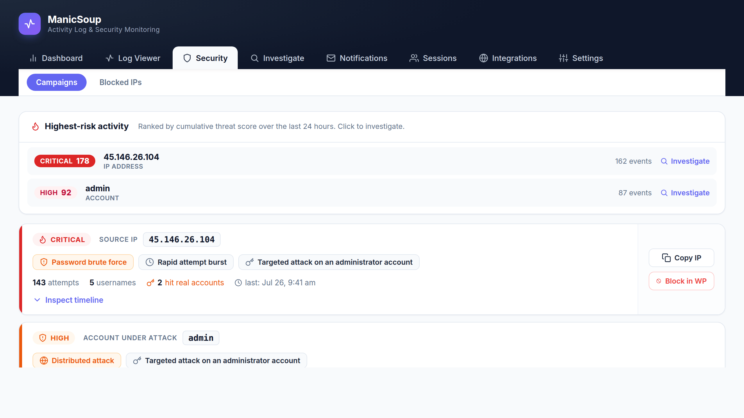 ManicSoup Logger security screen ranking the highest-risk IPs and attack campaigns