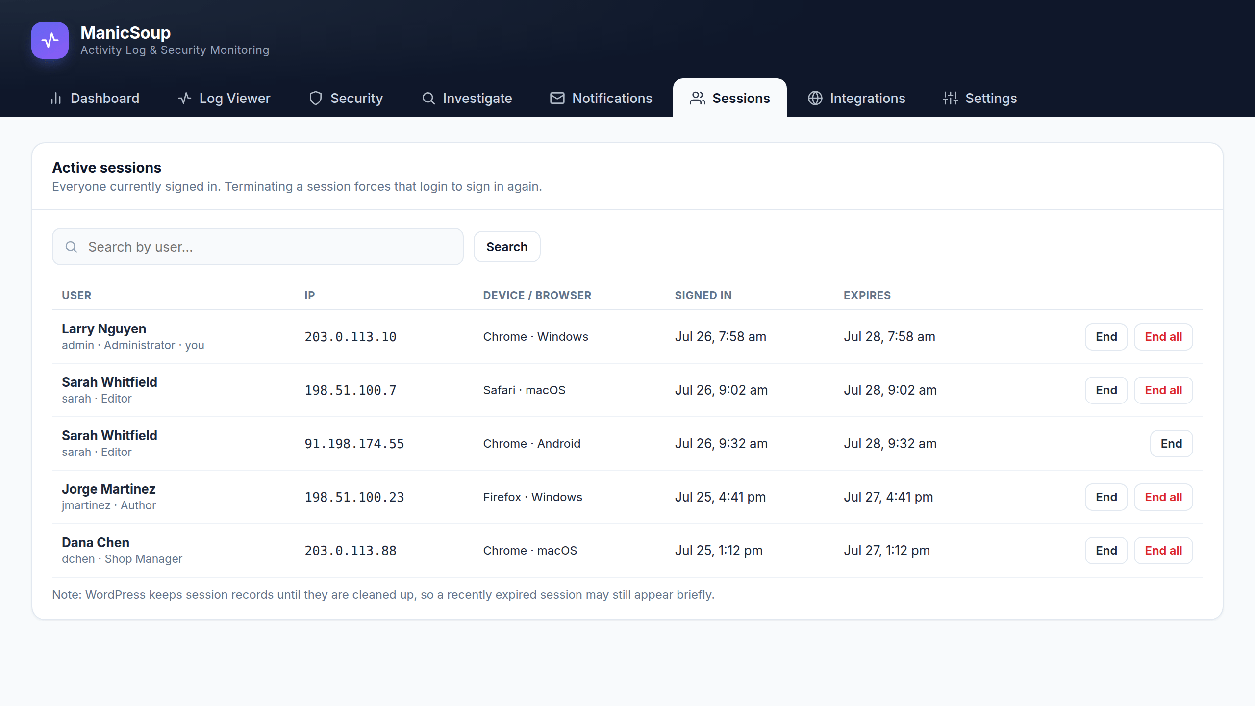 ManicSoup Logger active sessions screen with per-session and force sign-out controls