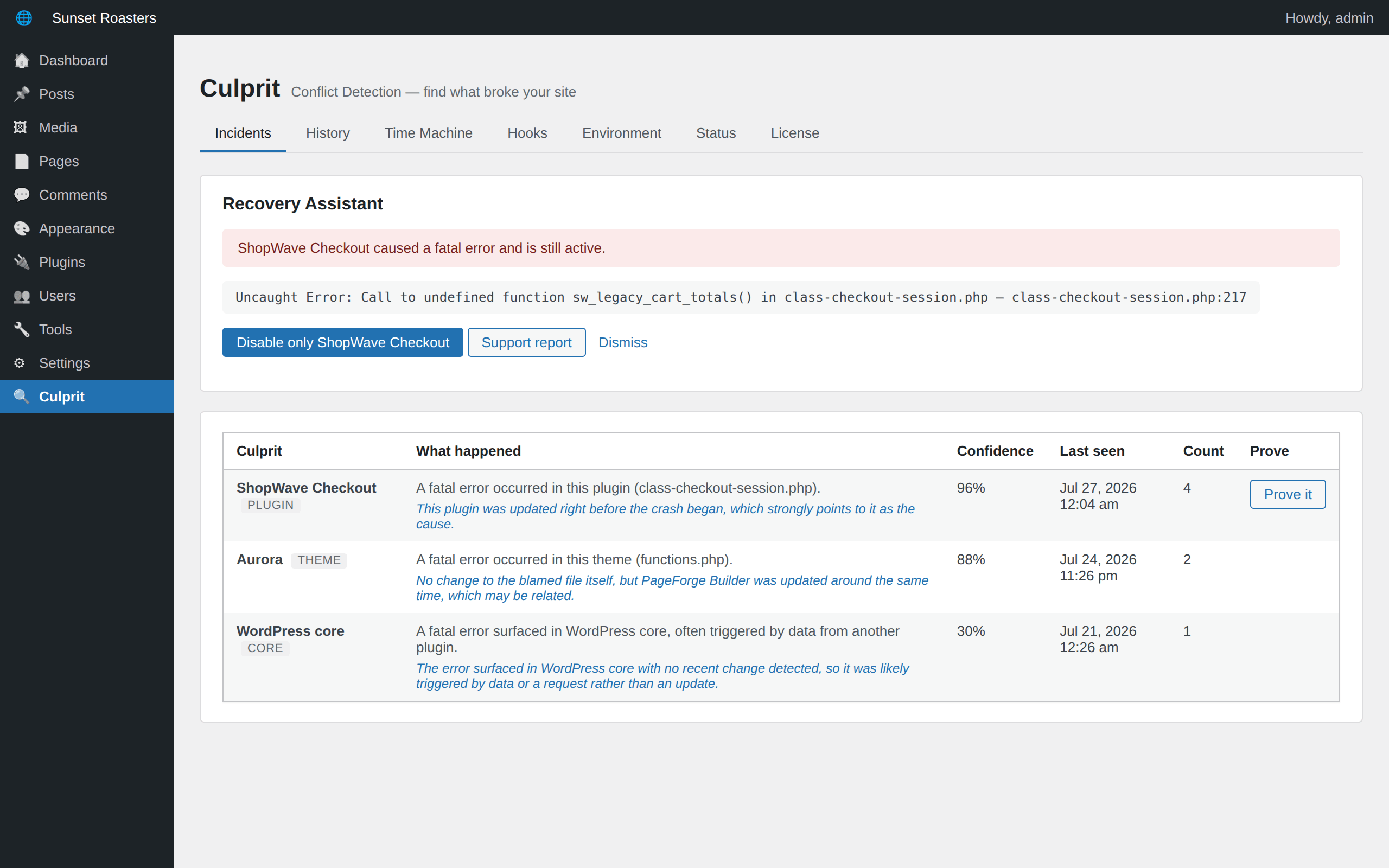 Culprit dashboard with activity stats, 14-day chart, and attack-detection banner