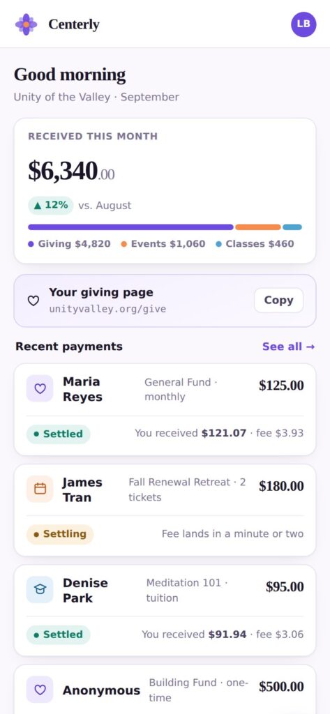 Centerly on a phone, showing this month's giving totals and the most recent donations