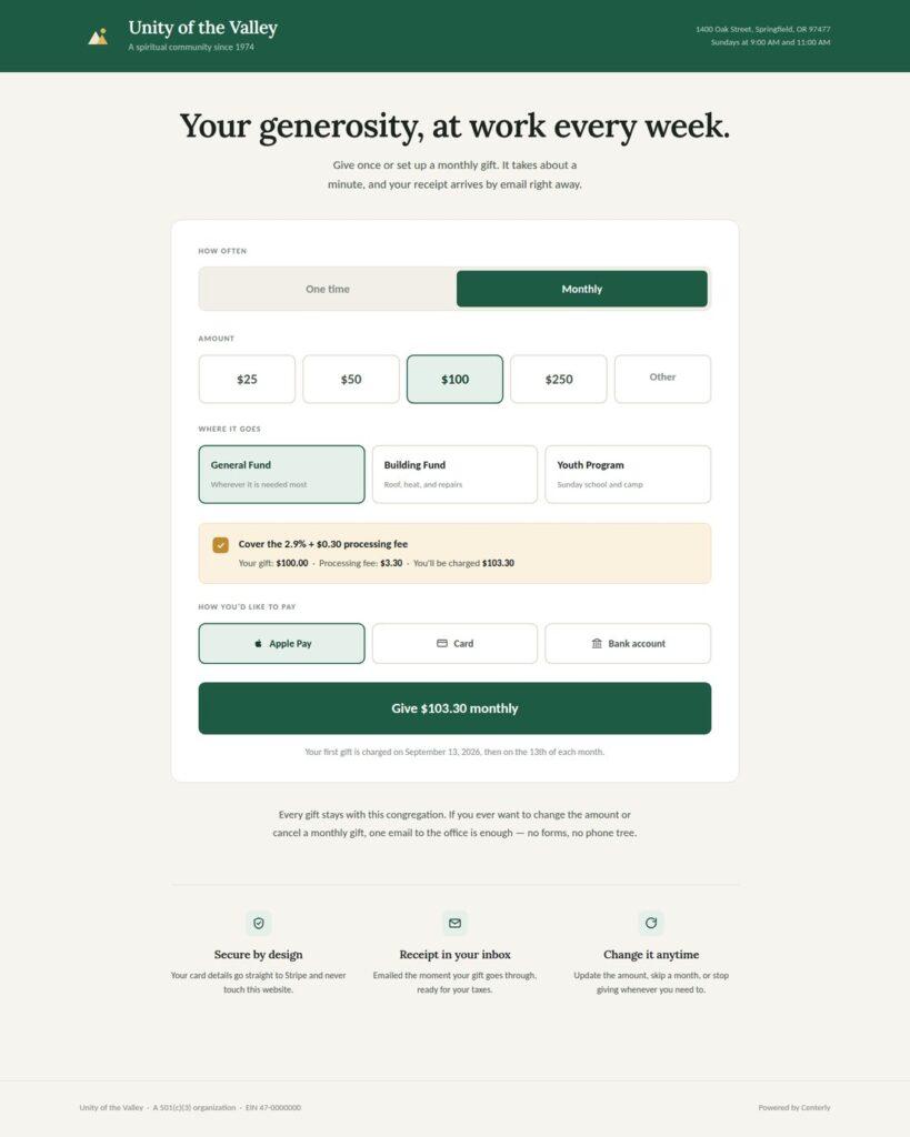 A church online giving page in one congregation's green and gold colors, with amount buttons, funds and Apple Pay