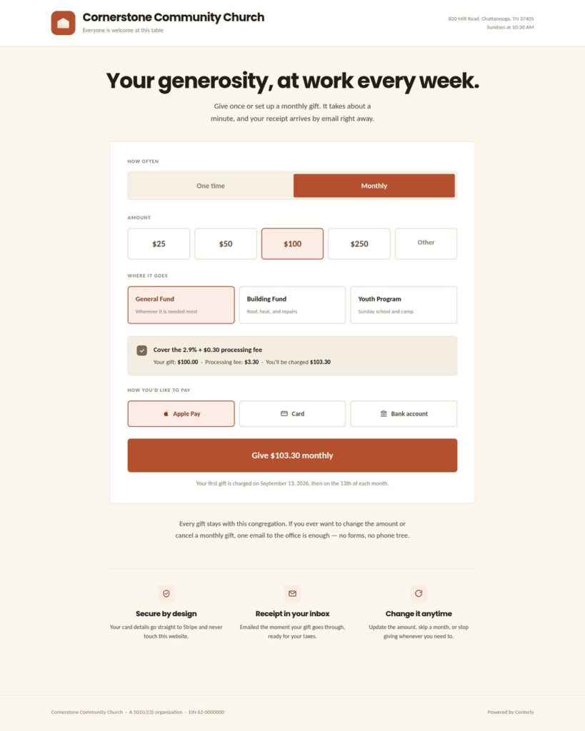 The same church giving page in a second church's rust and cream colors