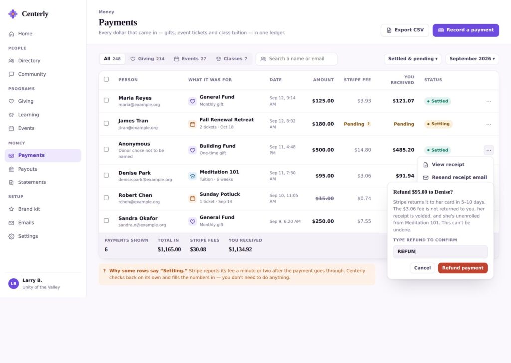 Every donation, event ticket and class fee in one list, with the card fee and the amount that reached the bank