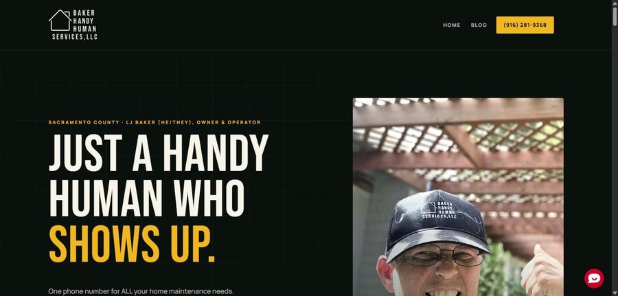 The LJ Handy Human Services home page, with a headline that cycles through paints, mows, fixes, cleans and shows up