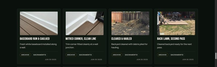 A gallery of finished jobs, each with a photo, a short description, tags and a date