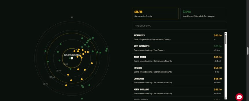 A service map of Sacramento County with distance rings, per-county hourly rates and a searchable city list